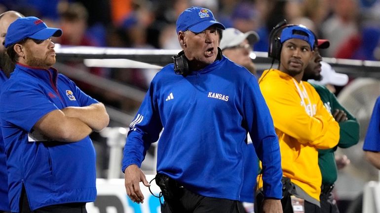 Kansas head coach Lance Leipold yells at an official during...