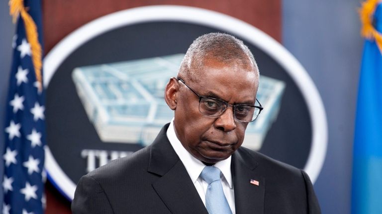 Defense Secretary Lloyd Austin speaks during a press briefing at...