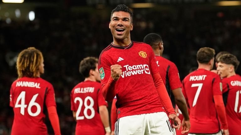 Manchester United's Casemiro celebrates after scoring his side's second goal...