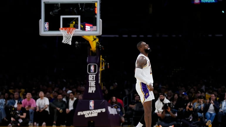 Los Angeles Lakers forward LeBron James (23) reacts after play...