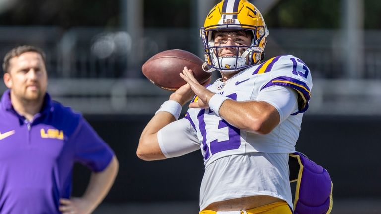 LSU quarterback Garrett Nussmeier (13) during an NCAA football game,...