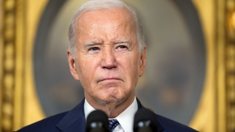 President Joe Biden speaks in the Diplomatic Reception Room of...