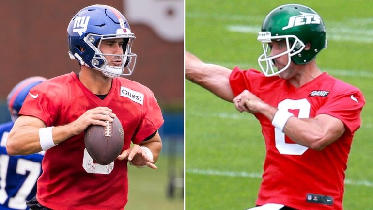 Giants quarterback Daniel Jones, left, and Jets quarterback Aaron Rodgers