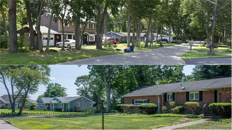 Homes along Dayton Avenue, top, and Riviera Court in Moriches.