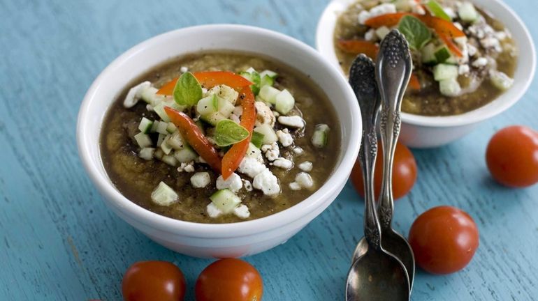 Gazpacho with grilled vegetables and topped with feta cheese. (June...