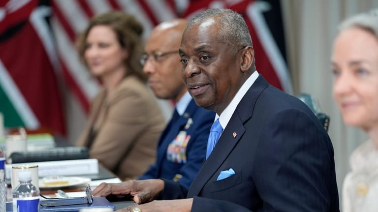 Defense Secretary Lloyd Austin speaks during a meeting with Kenya's...