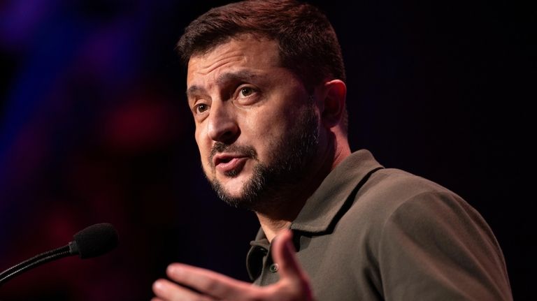 Ukrainian President Volodymyr Zelenskyy speaks at the Atlantic Council Global...