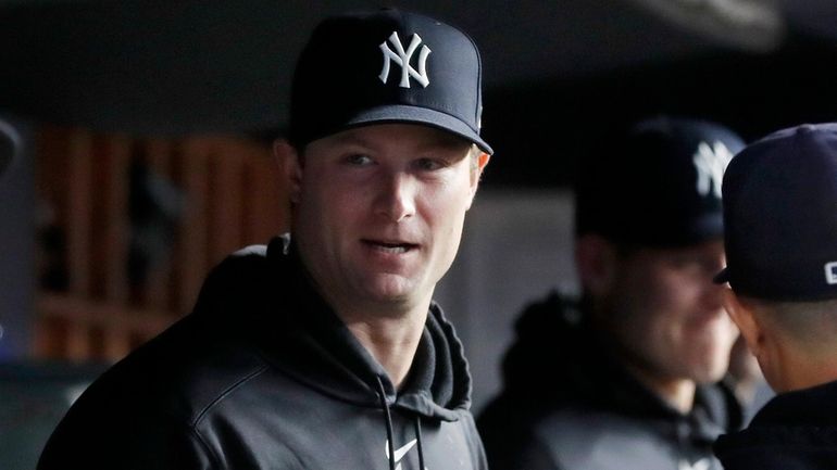 Gerrit Cole of the Yankees looks on before a game against...