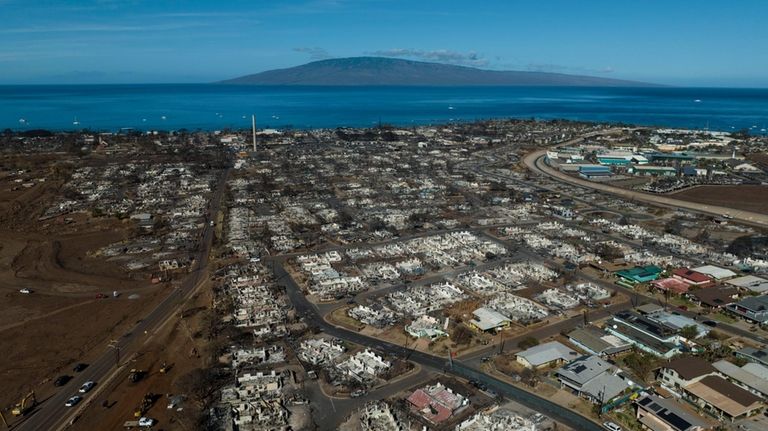 A general view shows the aftermath of a wildfire in...