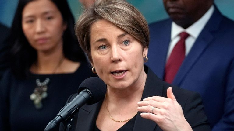 Massachusetts Gov. Maura Healey takes questions from reporters, Jan. 31,...