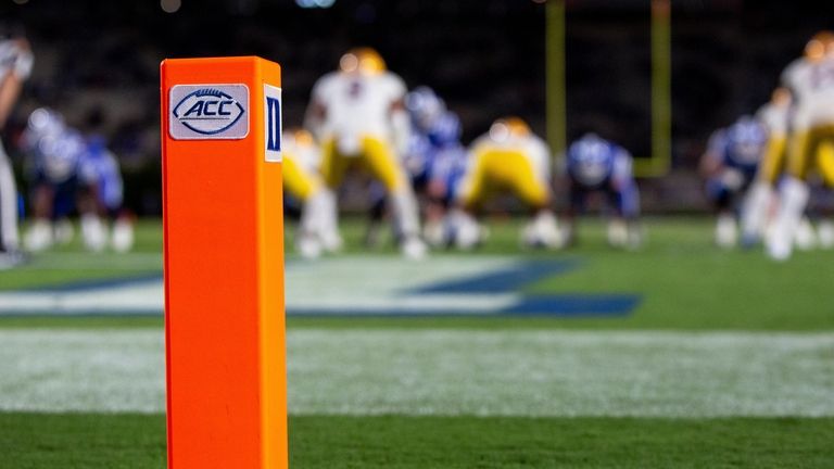 The ACC and Duke logos seen on a pylon at...