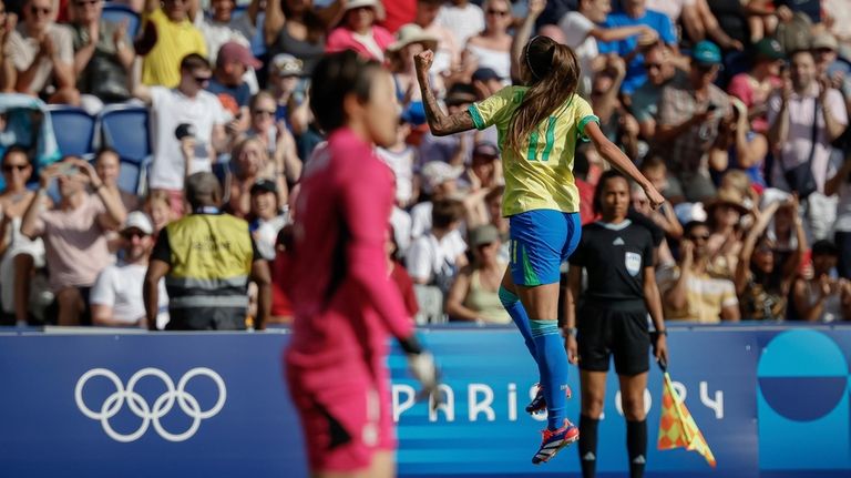 Brazil's Jheniffer celebrates scoring her team's first goal, during the...