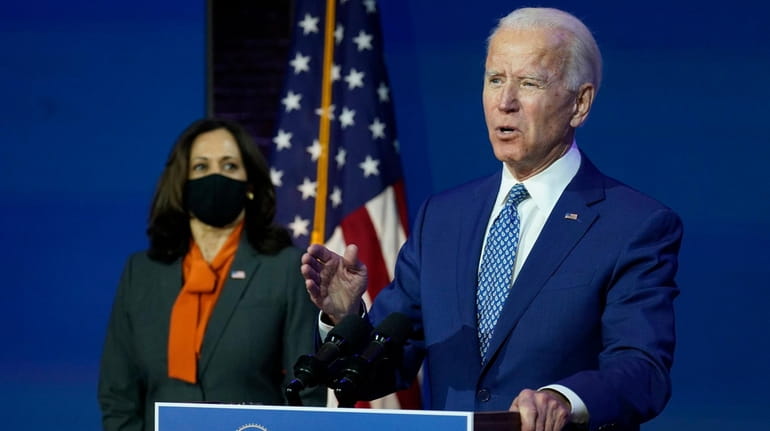 President-elect Joe Biden, joined by Vice President-elect Kamala Harris, speaks...