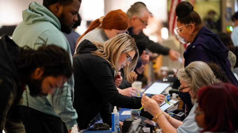 People check in to cast their votes at a polling...