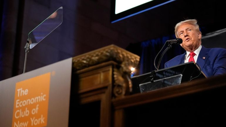 Republican presidential nominee former President Donald Trump speaks during a...