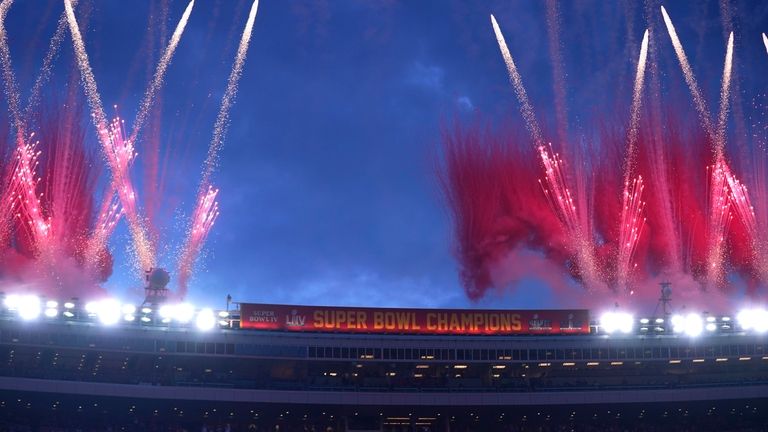 Fireworks fill the sky over Arrowhead Stadium as the Kansas...