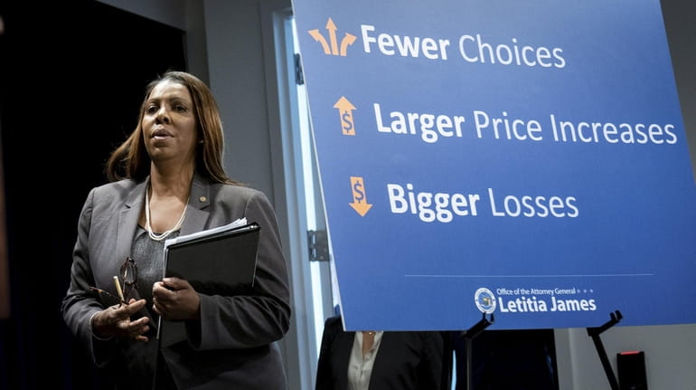 New York Attorney General Letitia James, seen at a news...