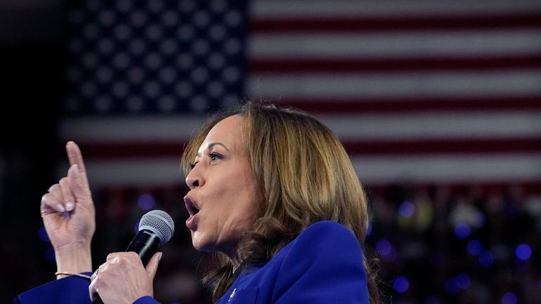 Democratic presidential nominee Vice President Kamala Harris speaks at the...