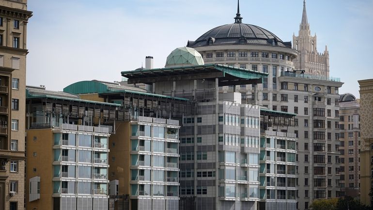 A view of the British Embassy building, centre, in Moscow,...