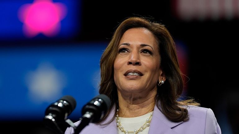 Democratic presidential nominee Vice President Kamala Harris speaks at a...