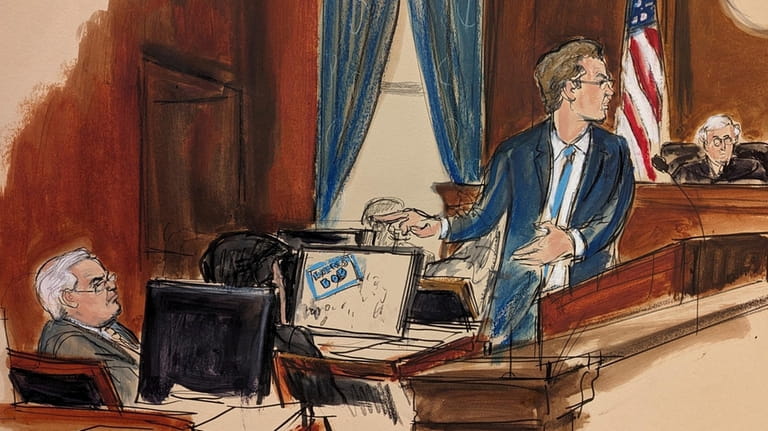 In this courtroom sketch, U.S. Sen. Robert Menendez, seated far...