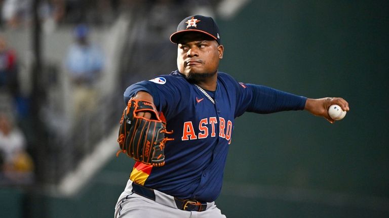 Houston Astros pitcher Framber Valdez pitches in the first inning...