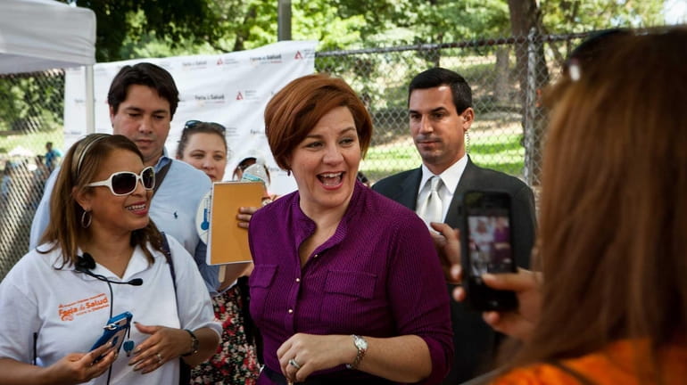 New York mayoral candidate Christine Quinn gives comments after speaking...