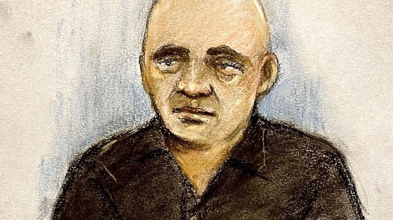 Court artist sketch by Elizabeth Cook of Bulgarian national Bizer...