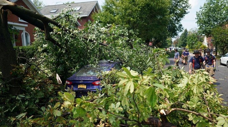 Firefighters survey damage after a sudden storm ripped through Prospect...