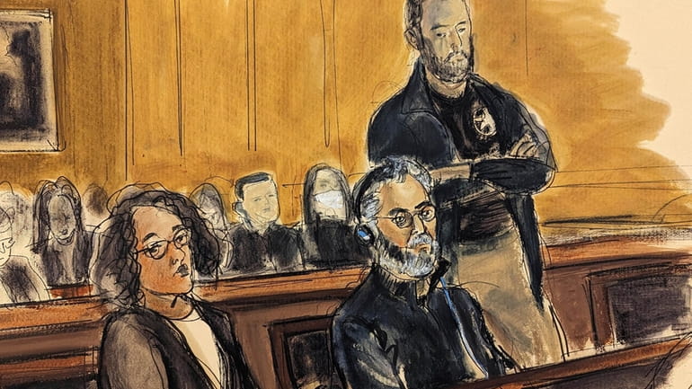 In this courtroom sketch, Guo Wengui, seated center, and his...