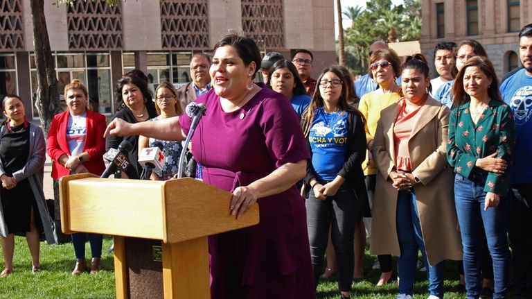 Democratic state Rep. Raquel Teran speaks at a news conference...