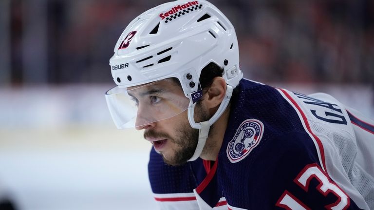 Columbus Blue Jackets' Johnny Gaudreau plays during an NHL hockey...