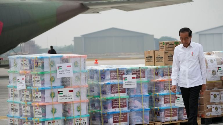 Indonesian President Joko Widodo walks by relief supplies during the...