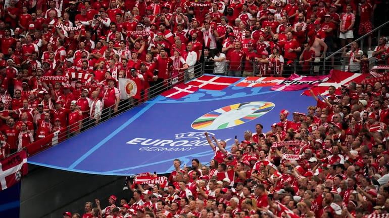 Denmark fans cheer before a Group C match between Denmark...