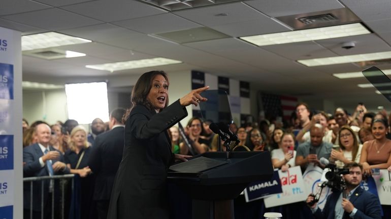 Vice President Kamala Harris speaks at her campaign headquarters in...