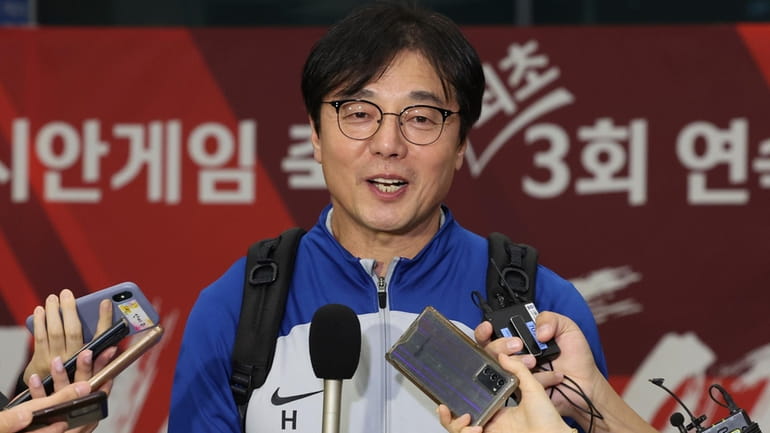 U-23 Korean national team head coach Hwang Sun-hong speaks at...