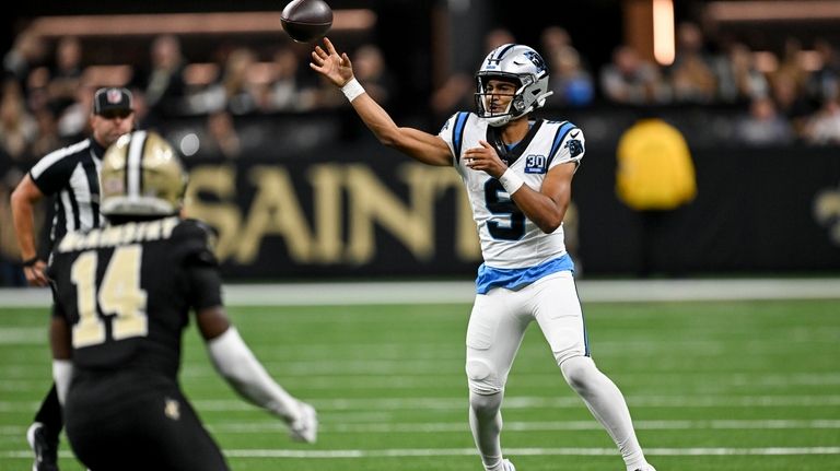 Carolina Panthers quarterback Bryce Young (9) throws a pass during...