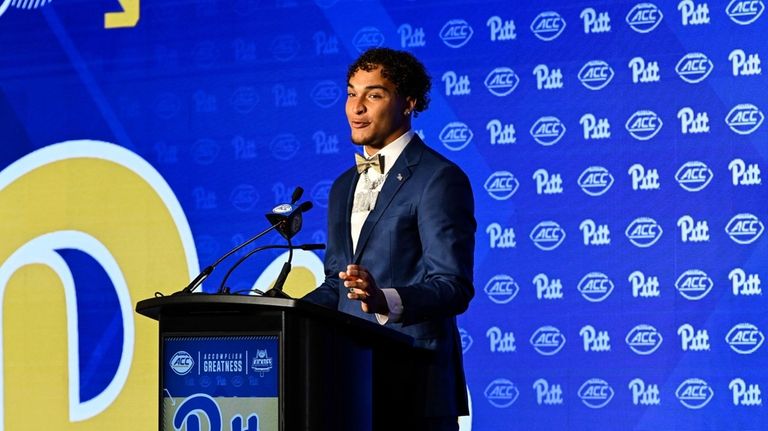 Pittsburgh defensive back Donovan McMillon speaks during the Atlantic Coast...