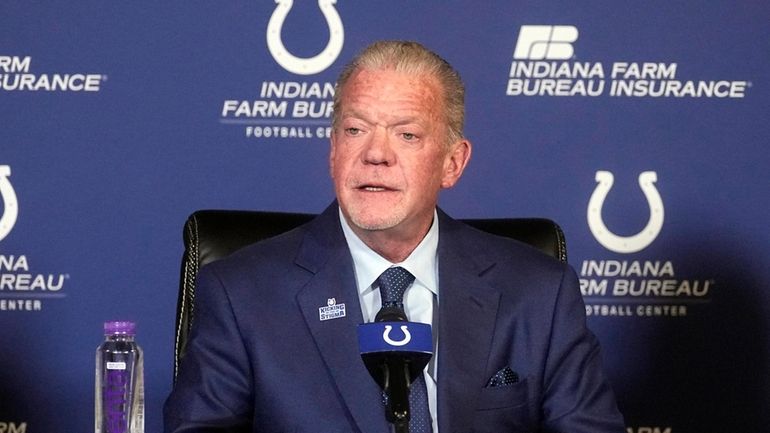 Indianapolis Colts owner Jim Irsay speaks during a news conference...