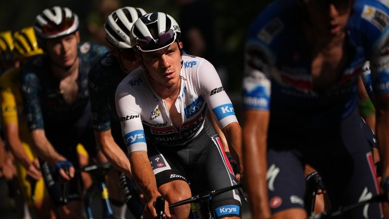 Belgium's Remco Evenepoel, wearing the best young rider's white jersey,...