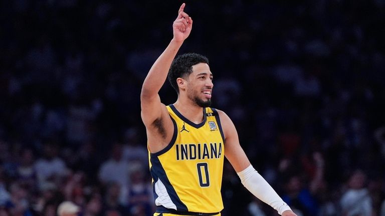 Indiana Pacers guard Tyrese Haliburton reacts during the first half...