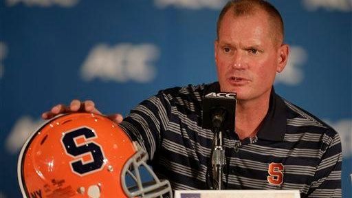 Syracuse head coach Scott Shafer speaks to the media at...