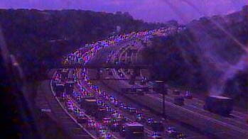 A traffic camera shows traffic backed up on the eastbound...