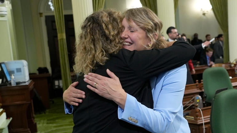 Assemblywoman Pilar Schiavo, D-San Fernando Valley, left, congratulates Assemblywoman Buffy...