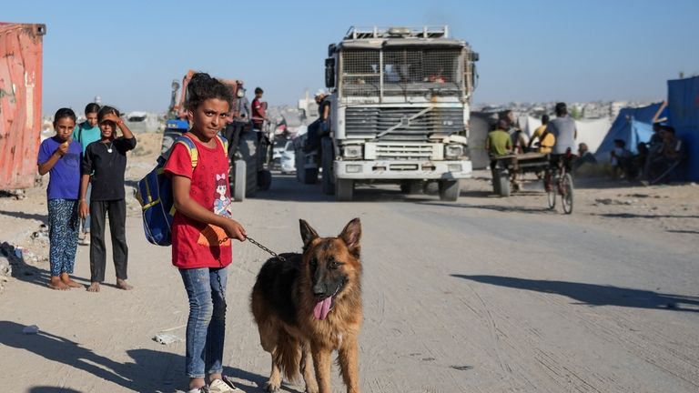 A Palestinian girl and her dog flee the Khan Younis...