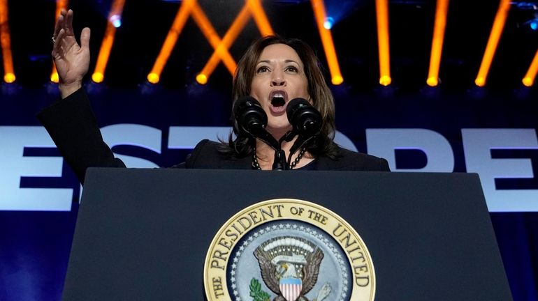 Vice President Kamala Harris speaks at an event in Manassas,...