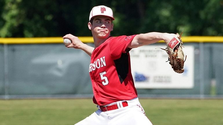 Pierson’s pitcher Nathan Dee winds up the pitch during the...