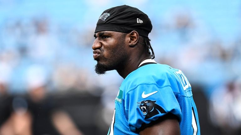 Carolina Panthers wide receiver Xavier Legette looks on during the...