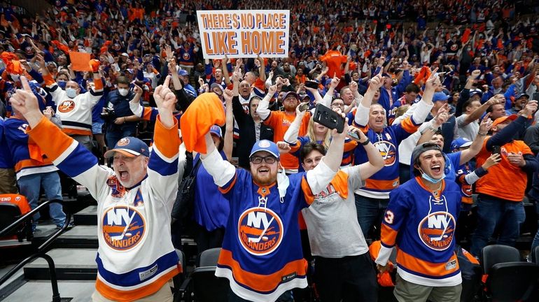 Islanders fans celebrates a goal during the second period against...