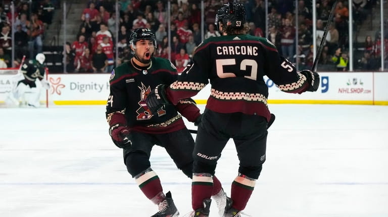 Arizona Coyotes left wing Michael Carcone (53) celebrates after his...